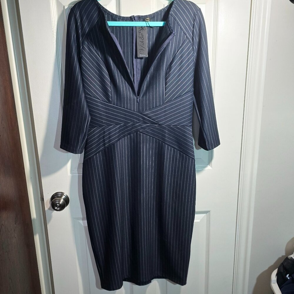 Women's Navy Blue, Stripped, Bodycon Dress, Mid Length, Zipper, L